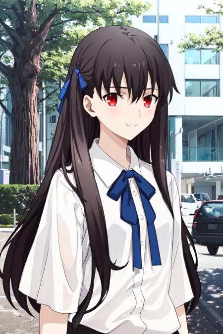 06988-3198789635-1girl, fate, long black hair, red eyes, outdoor, white shirt with blue ribbon, looking at viewer, happy, standing, , masterpiece.png